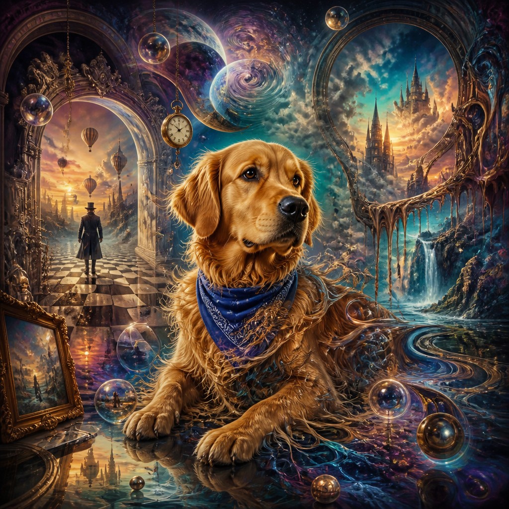 portrait of a golden retriever wearing a blue bandana, warm plain backdrop, no text — Surrealist Landscape Art Style pet portrait