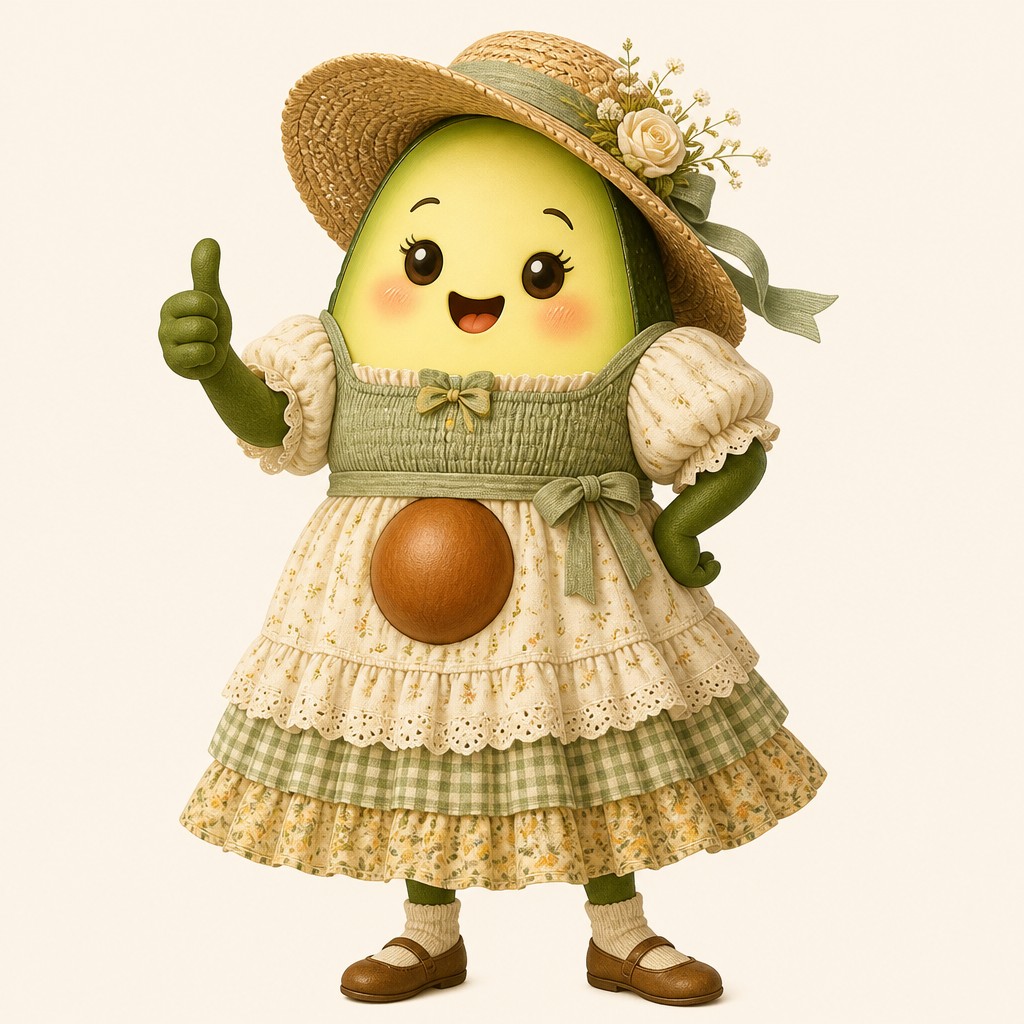 a happy avocado character giving a thumbs up, bold readable design on a plain background, no text — Cottagecore Fashion Style sticker