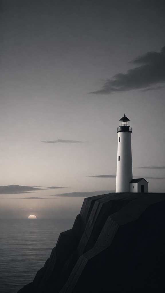a lone lighthouse on a cliff at dusk under a dramatic sky, no text or lettering — Modern Minimalist Furniture Art poster