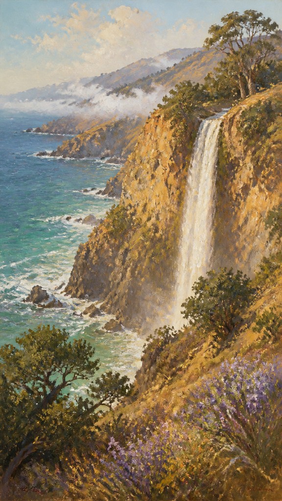 towering waterfall cascading down a cliff — California Plein Air Art Style