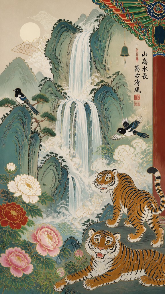 towering waterfall cascading down a cliff — Korean Art Style