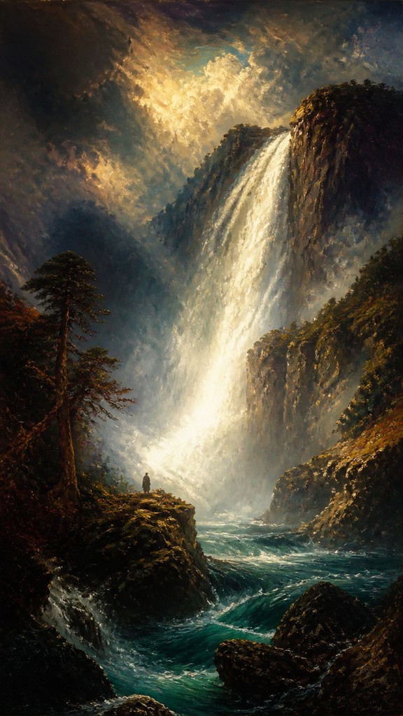towering waterfall cascading down a cliff — Romantic Classical Art Style
