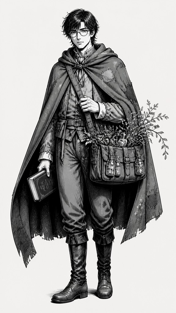 full-body original character: a wandering botanist with a satchel of plants, a patched green cloak, tall boots and round glasses, neutral background — Seinen Mature Manga Art Style character design