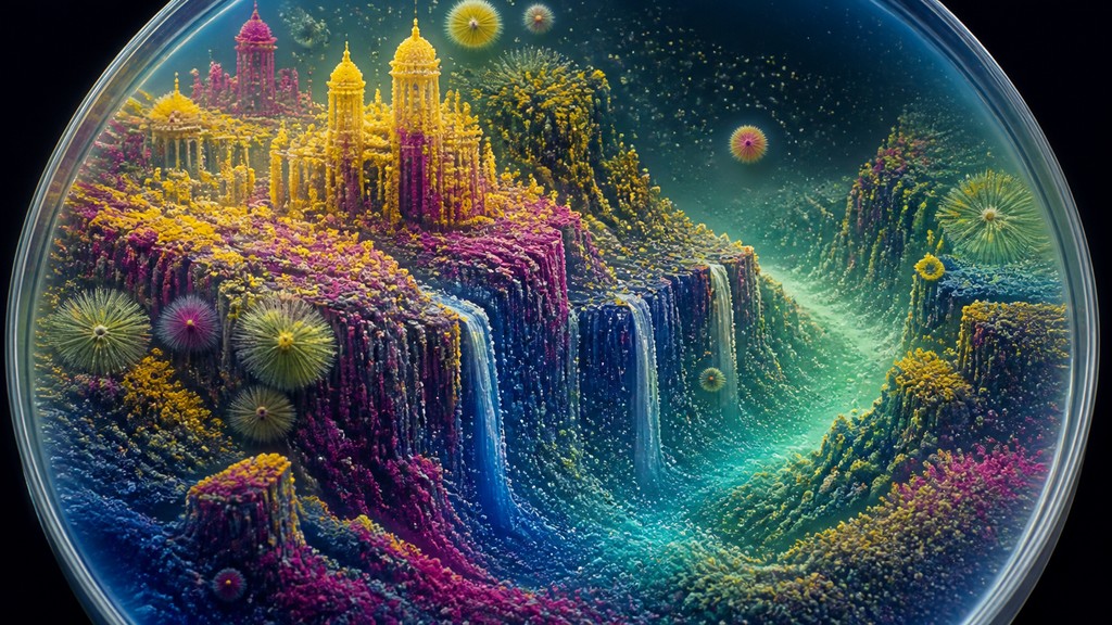 a cliffside city with waterfalls cascading into a misty canyon, wide establishing shot, no people, no text — Bacteriological Agar Art concept art
