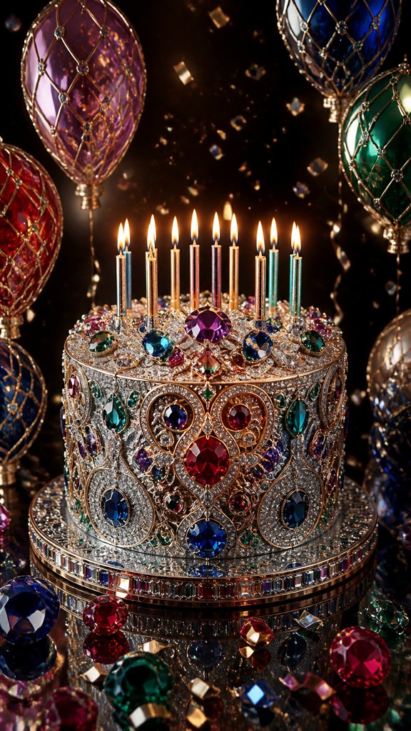 a birthday cake with lit candles surrounded by balloons and confetti, festive vertical composition, no text — Luxury High Jewelry Design birthday card