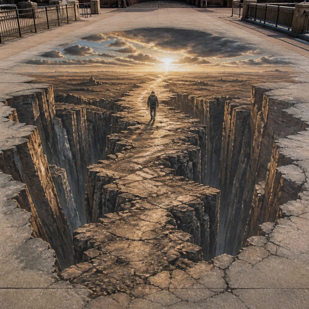 a solitary figure walking toward a glowing horizon across an empty plain, moody atmosphere, no text or lettering — 3D Illusion Street Art Style album cover