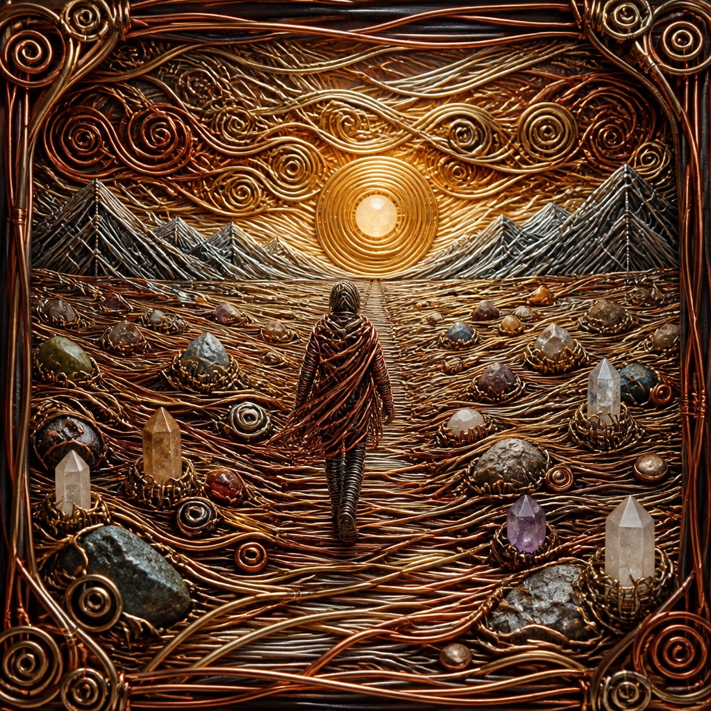 a solitary figure walking toward a glowing horizon across an empty plain, moody atmosphere, no text or lettering — Wire-Wrapped Jewelry Style album cover