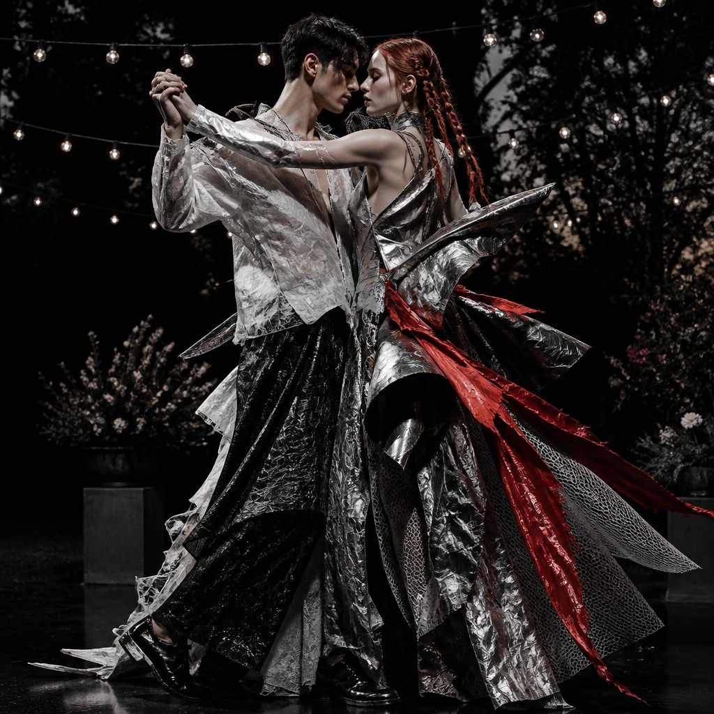 an original couple dancing under string lights in a garden at dusk: a man with short black hair in a linen shirt and a woman with braided red hair in a summer dress — Avant-Garde Fashion Design couple portrait
