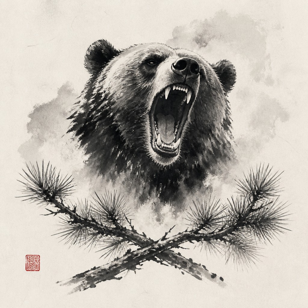 a roaring bear head above crossed pine branches, bold graphic composition on a plain background, no text — Traditional Chinese Landscape Art Style t-shirt design