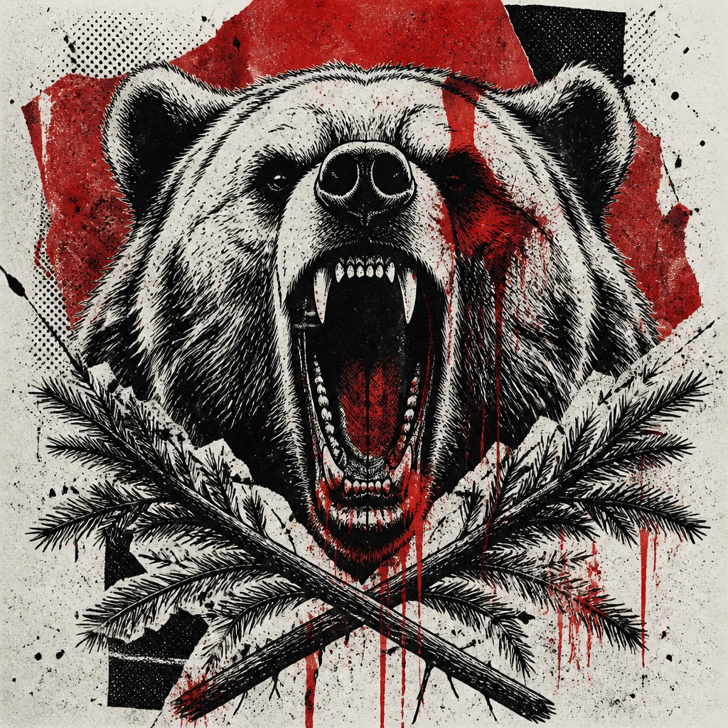 a roaring bear head above crossed pine branches, bold graphic composition on a plain background, no text — Gothic Punk Art t-shirt design