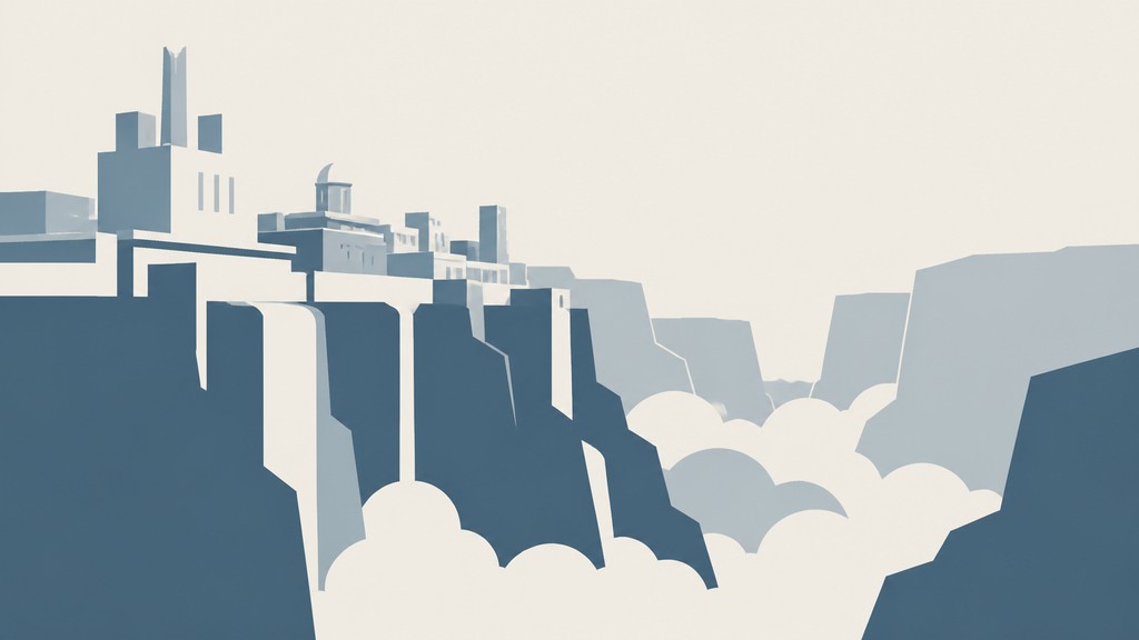 a cliffside city with waterfalls cascading into a misty canyon, wide establishing shot, no people, no text — Minimalism Art Style concept art