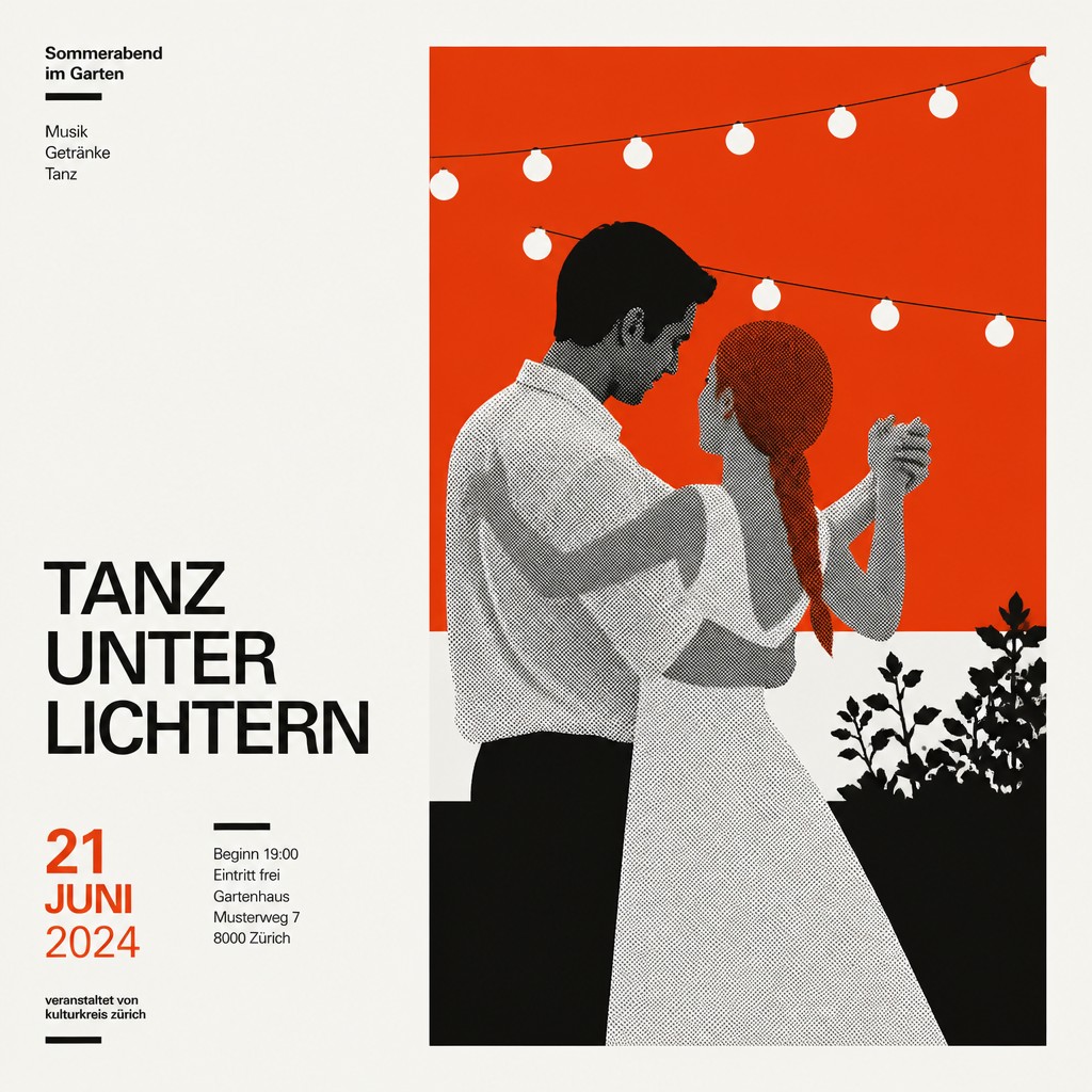 an original couple dancing under string lights in a garden at dusk: a man with short black hair in a linen shirt and a woman with braided red hair in a summer dress — Swiss Style Poster Design couple portrait