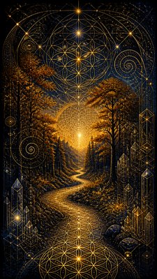 a winding forest path in golden autumn light, no people — Sacred Geometric Art wallpaper