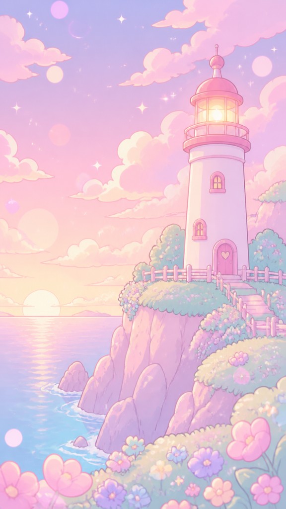 a lone lighthouse on a cliff at dusk under a dramatic sky, no text or lettering — Kawaii Pastel Anime Art Style poster