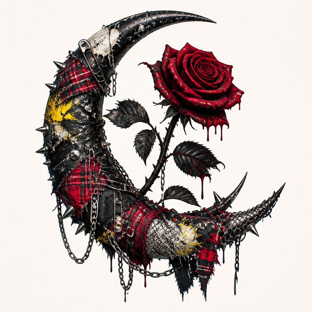 a rose entwined with a crescent moon, clean balanced composition on a plain background, no text — Punk Fashion Style tattoo design