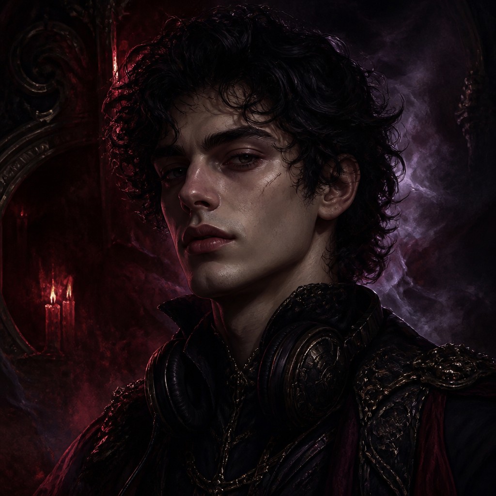 head-and-shoulders portrait of an original character: a young man with curly dark hair and headphones around his neck, plain backdrop, no text — Gothic Fantasy Art Discord profile picture
