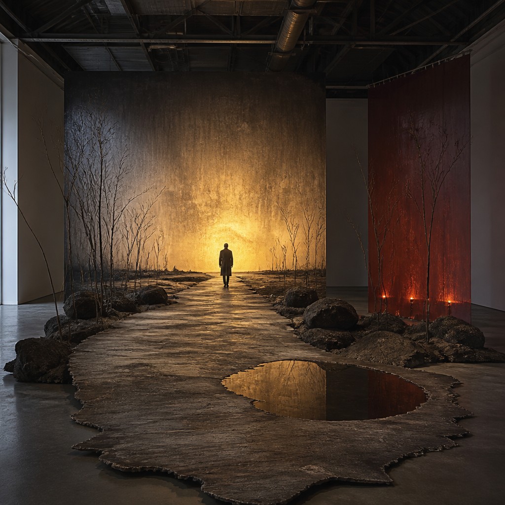 a solitary figure walking toward a glowing horizon across an empty plain, moody atmosphere, no text or lettering — Installation Conceptual Art Style album cover