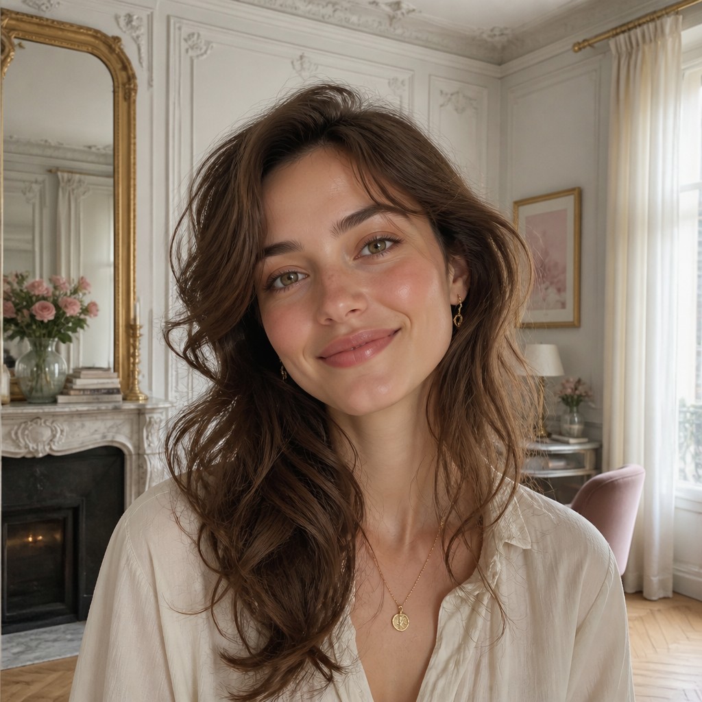 head-and-shoulders portrait of an original character: a young woman with wavy chestnut hair and a warm smile, plain soft backdrop — Parisian Apartment Interior Design profile picture