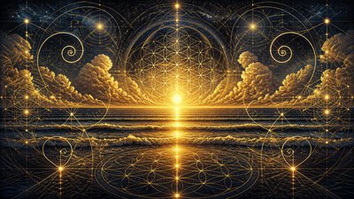 a panoramic ocean horizon with towering clouds at golden hour, no people — Sacred Geometric Art wallpaper