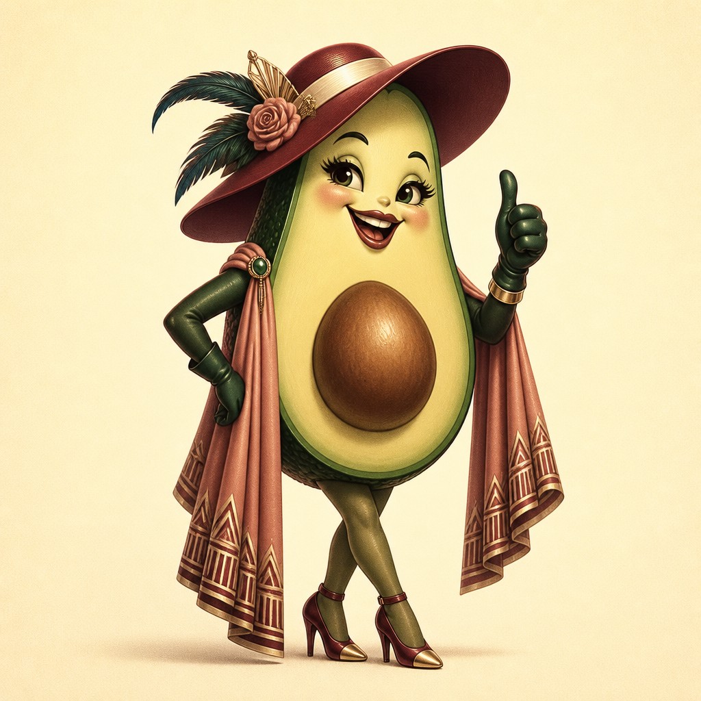 a happy avocado character giving a thumbs up, bold readable design on a plain background, no text — Vintage Retro Fashion Design sticker