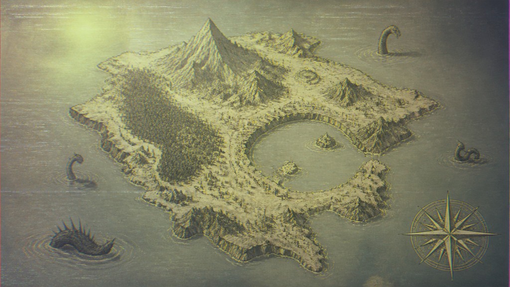 a map of an island realm with mountains, forests, a sheltered bay, sea monsters in the water and a compass rose, no text labels — Creepy Liminal Art Style fantasy map
