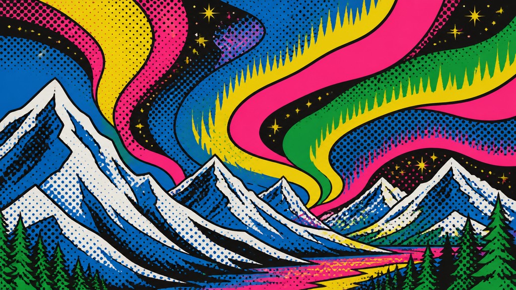 a flowing aurora over snowy peaks, wide sweeping composition, no people, no text — Pop Art Still Life Art Style banner