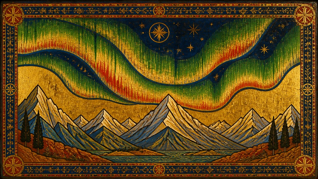 a flowing aurora over snowy peaks, wide sweeping composition, no people, no text — Orthodox Icon Religious Art banner