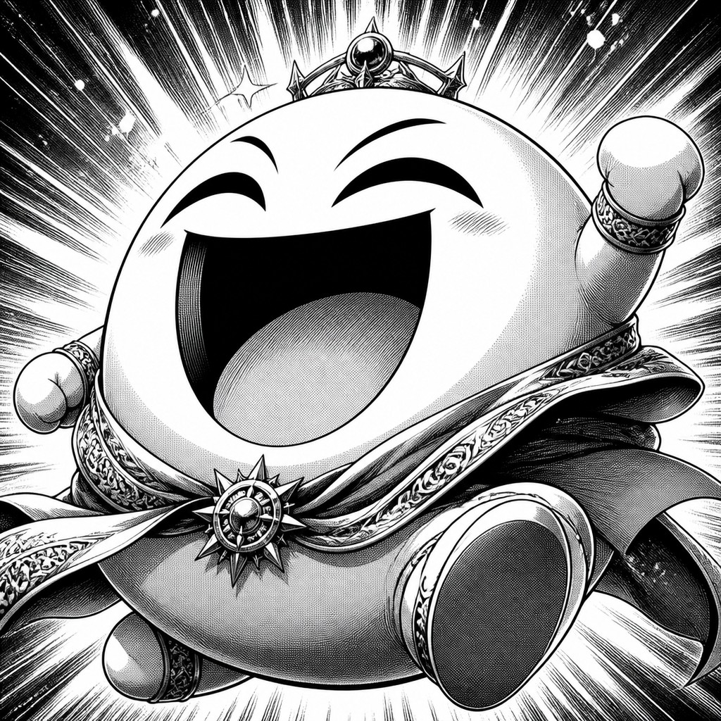 an exaggerated laughing face of an original round mascot character, bold and readable at small size, plain background, no text — Fantasy Adventure Manga Art Style Twitch emote