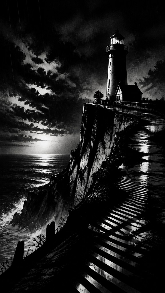 a lone lighthouse on a cliff at dusk under a dramatic sky, no text or lettering — Noir Comic Art poster