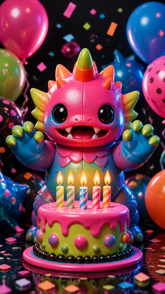 a birthday cake with lit candles surrounded by balloons and confetti, festive vertical composition, no text — Japanese Toy Art (Sofubi) birthday card