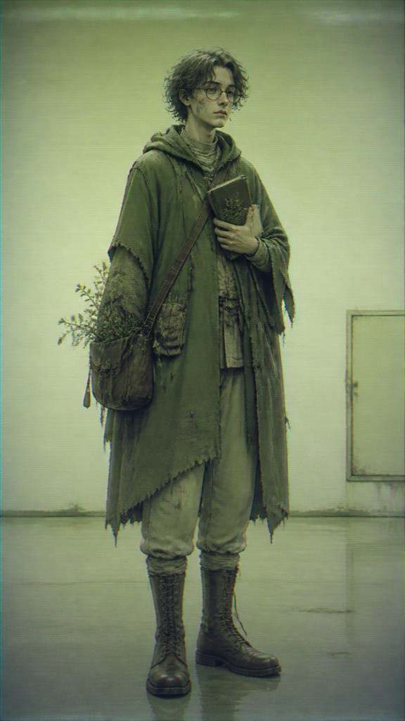 full-body original character: a wandering botanist with a satchel of plants, a patched green cloak, tall boots and round glasses, neutral background — Creepy Liminal Art Style character design
