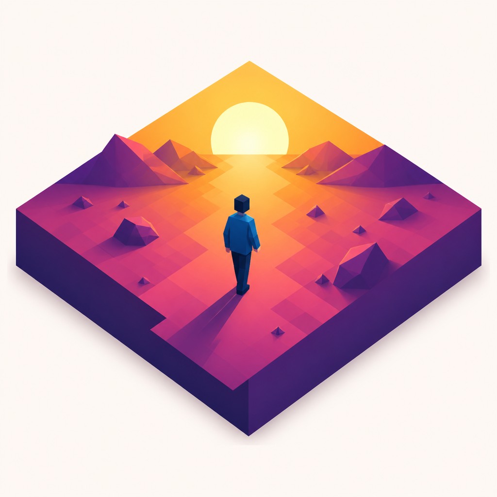 a solitary figure walking toward a glowing horizon across an empty plain, moody atmosphere, no text or lettering — Isometric Icon Design album cover