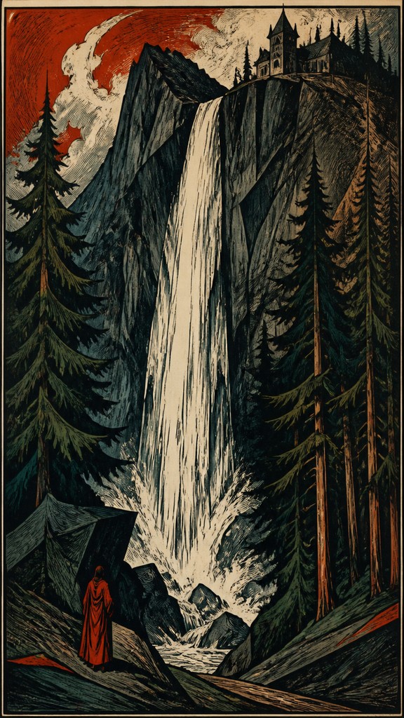 towering waterfall cascading down a cliff — German Art Style