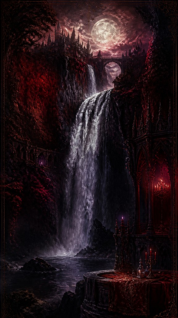 towering waterfall cascading down a cliff — Gothic Fantasy Art