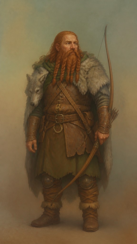 full-body original character: a dwarven ranger with a braided auburn beard, worn leather armor, a longbow and a wolf-pelt cloak, neutral background, no text — Color Field Painting Style tabletop character portrait