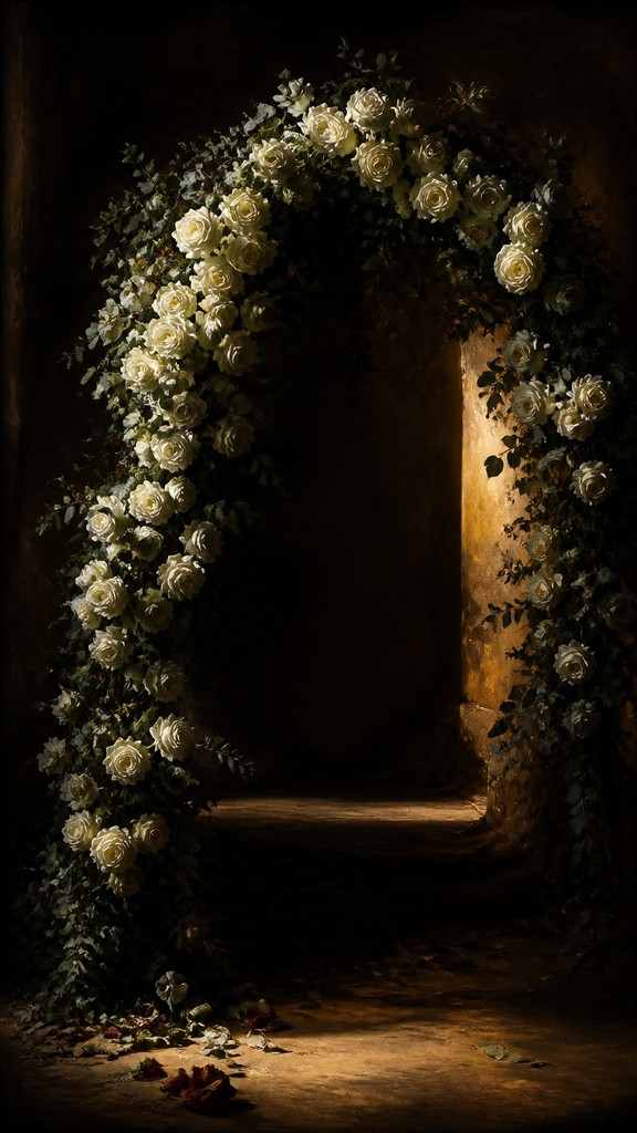 an arch of white roses and eucalyptus in soft morning light, elegant vertical composition with open space, no text — Caravaggio Realism Baroque Art Style wedding invitation