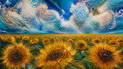 an endless field of sunflowers under summer clouds, no people — Fluid Abstract Art Style wallpaper