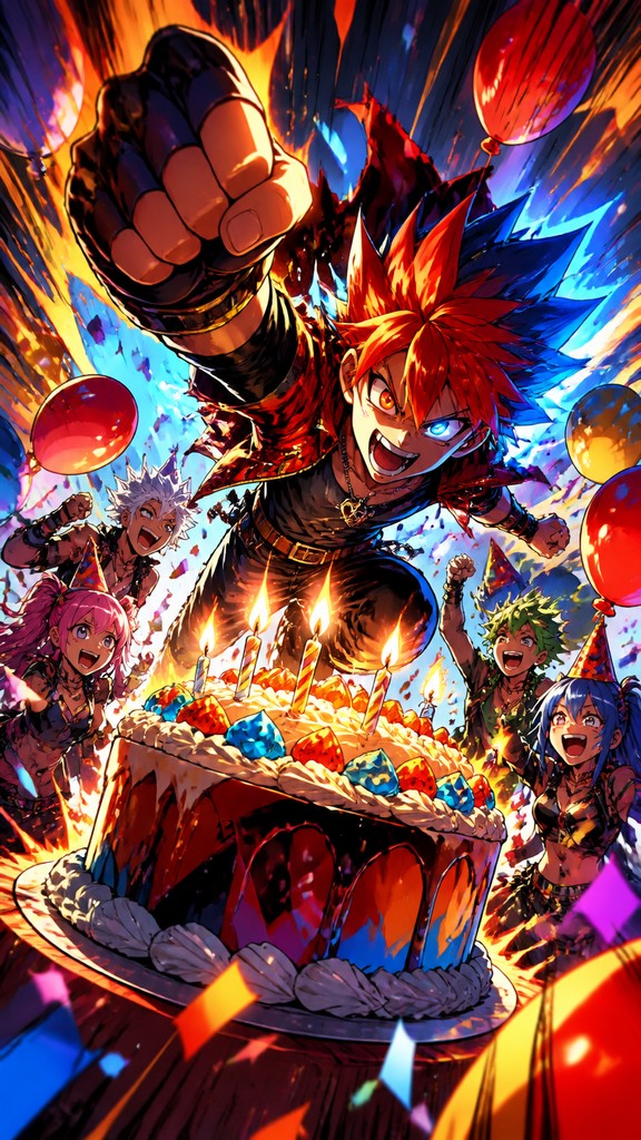 a birthday cake with lit candles surrounded by balloons and confetti, festive vertical composition, no text — Shonen Action Anime Art Style birthday card