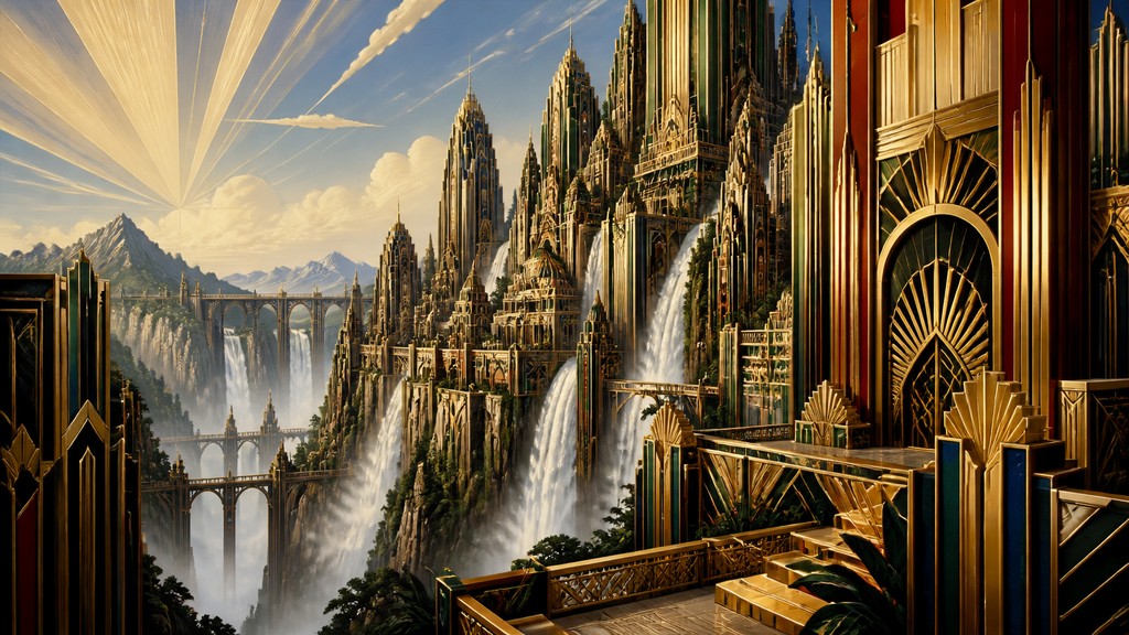 a cliffside city with waterfalls cascading into a misty canyon, wide establishing shot, no people, no text — Art Deco Architecture Art concept art