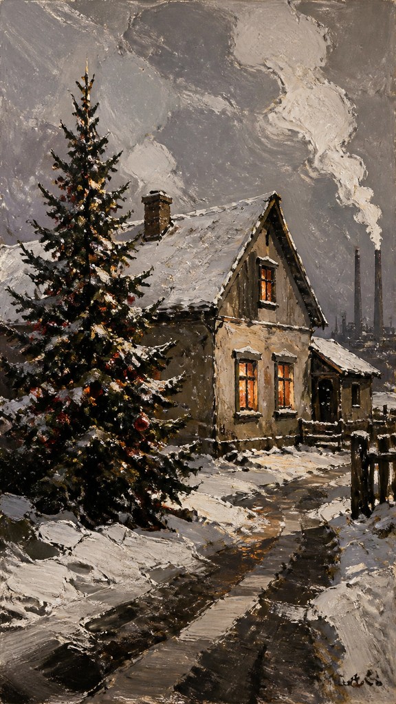 a snow-covered cottage with warm glowing windows beside a decorated pine tree, gentle snowfall, no text — Social Realism Art Style Christmas card