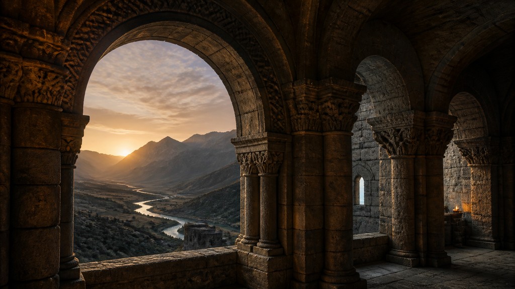 a vast valley with a river winding toward distant mountains at sunrise, no people, no text — Romanesque Architecture desktop wallpaper