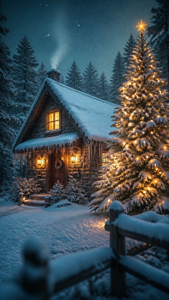 a snow-covered cottage with warm glowing windows beside a decorated pine tree, gentle snowfall, no text — VFX Compositing Digital Art Style Christmas card