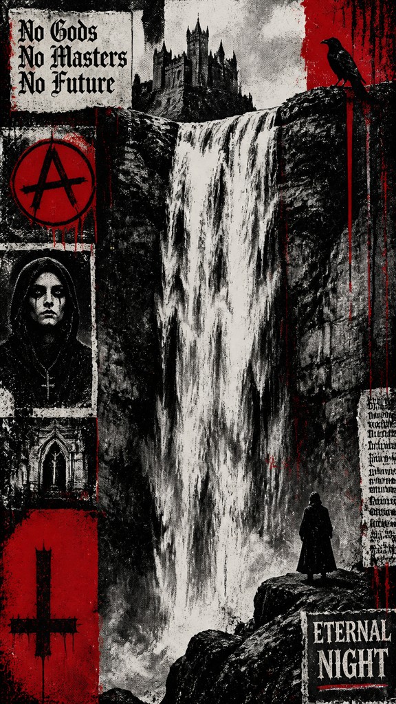 towering waterfall cascading down a cliff — Gothic Punk Art