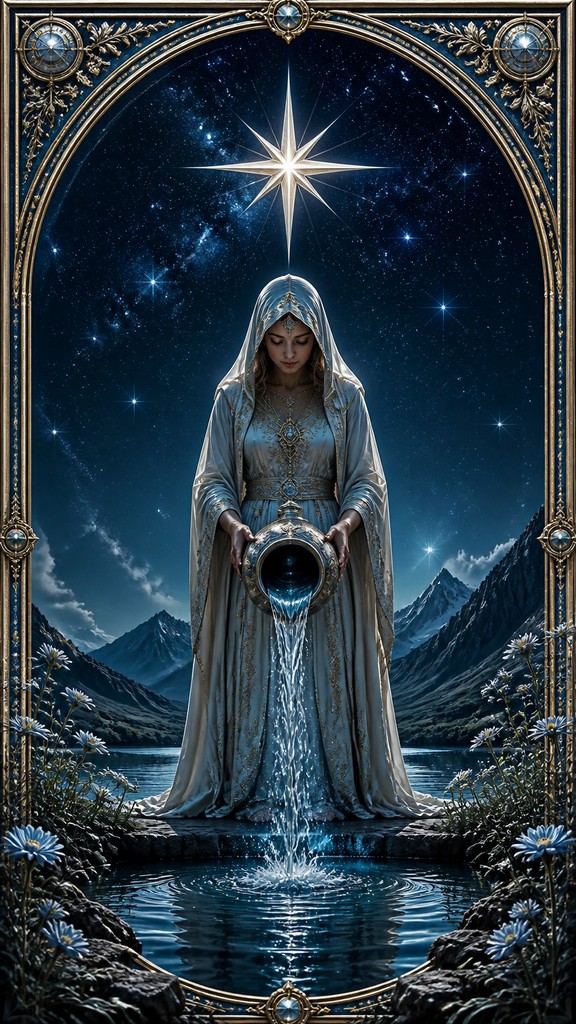 a robed figure pouring water beneath a large eight-pointed star in a night sky, symmetrical composition with an ornate decorative border, no text — Hyperrealism Art Style tarot card