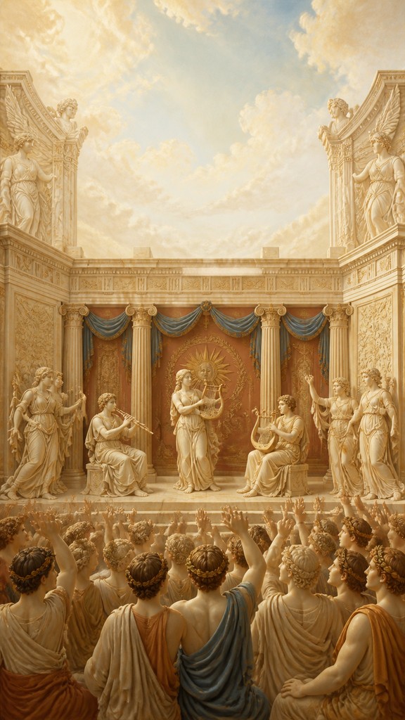 a live music scene with a glowing stage and silhouetted crowd, energetic vertical composition with open space at the top, no text — Ancient Greek Classical Art Style flyer