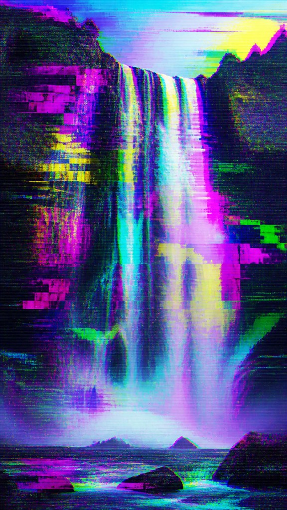 towering waterfall cascading down a cliff — Glitch Digital Art Style