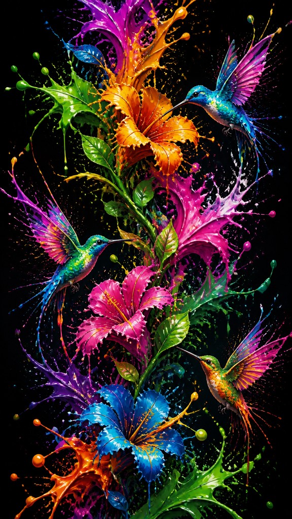 a climbing vine of flowers and hummingbirds on a dark background, tall wrapping composition, no text — Color Splash phone case design