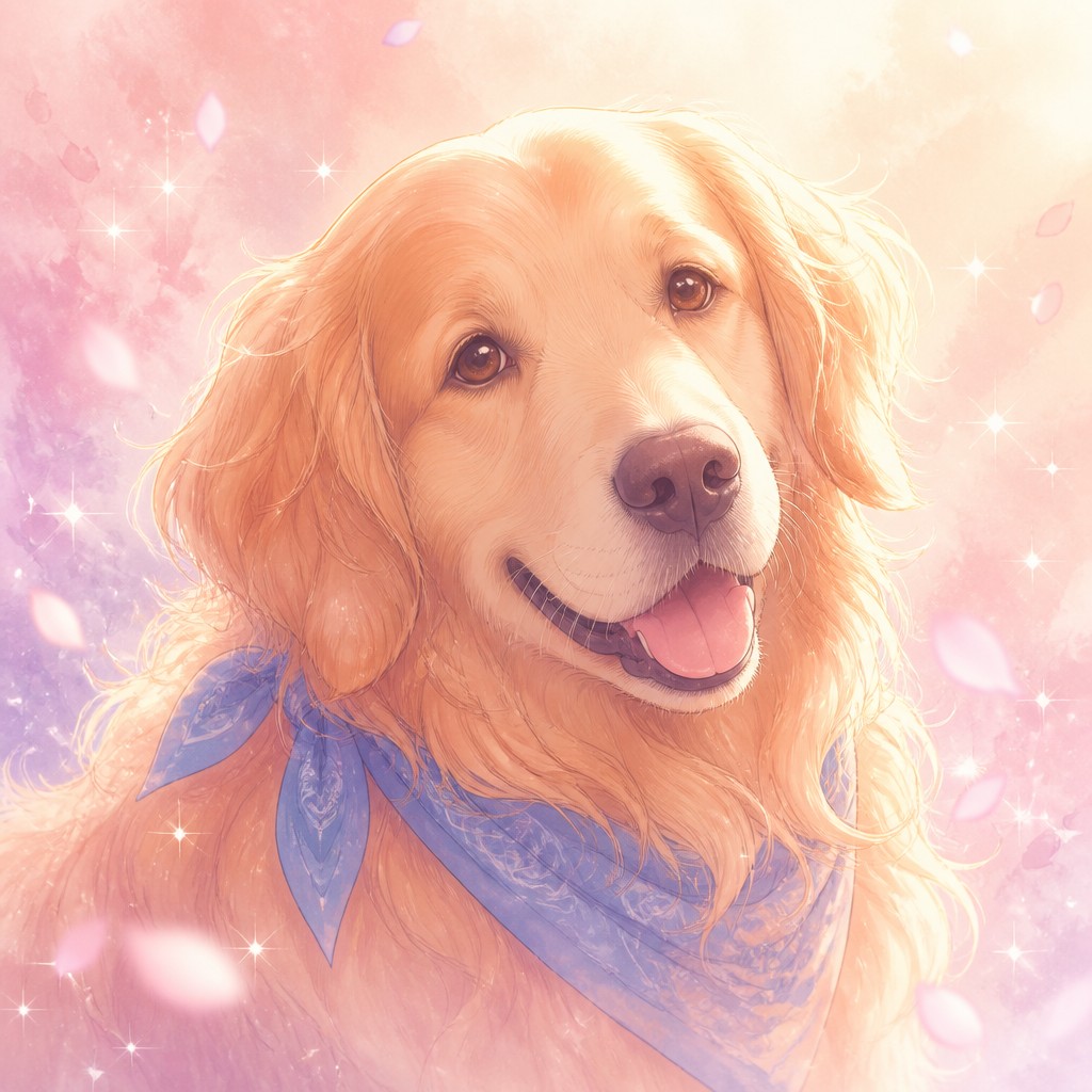 portrait of a golden retriever wearing a blue bandana, warm plain backdrop, no text — Shoujo Romance Anime Art Style pet portrait