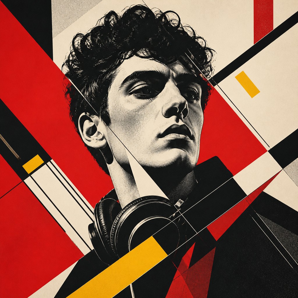 head-and-shoulders portrait of an original character: a young man with curly dark hair and headphones around his neck, plain backdrop, no text — Constructivism Art Style Discord profile picture