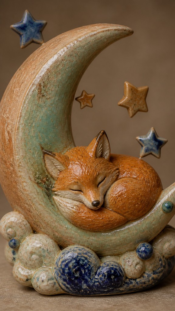 a sleeping baby fox curled on a crescent moon among soft stars, gentle and warm, no text — Ceramic Sculpture Art Style baby announcement